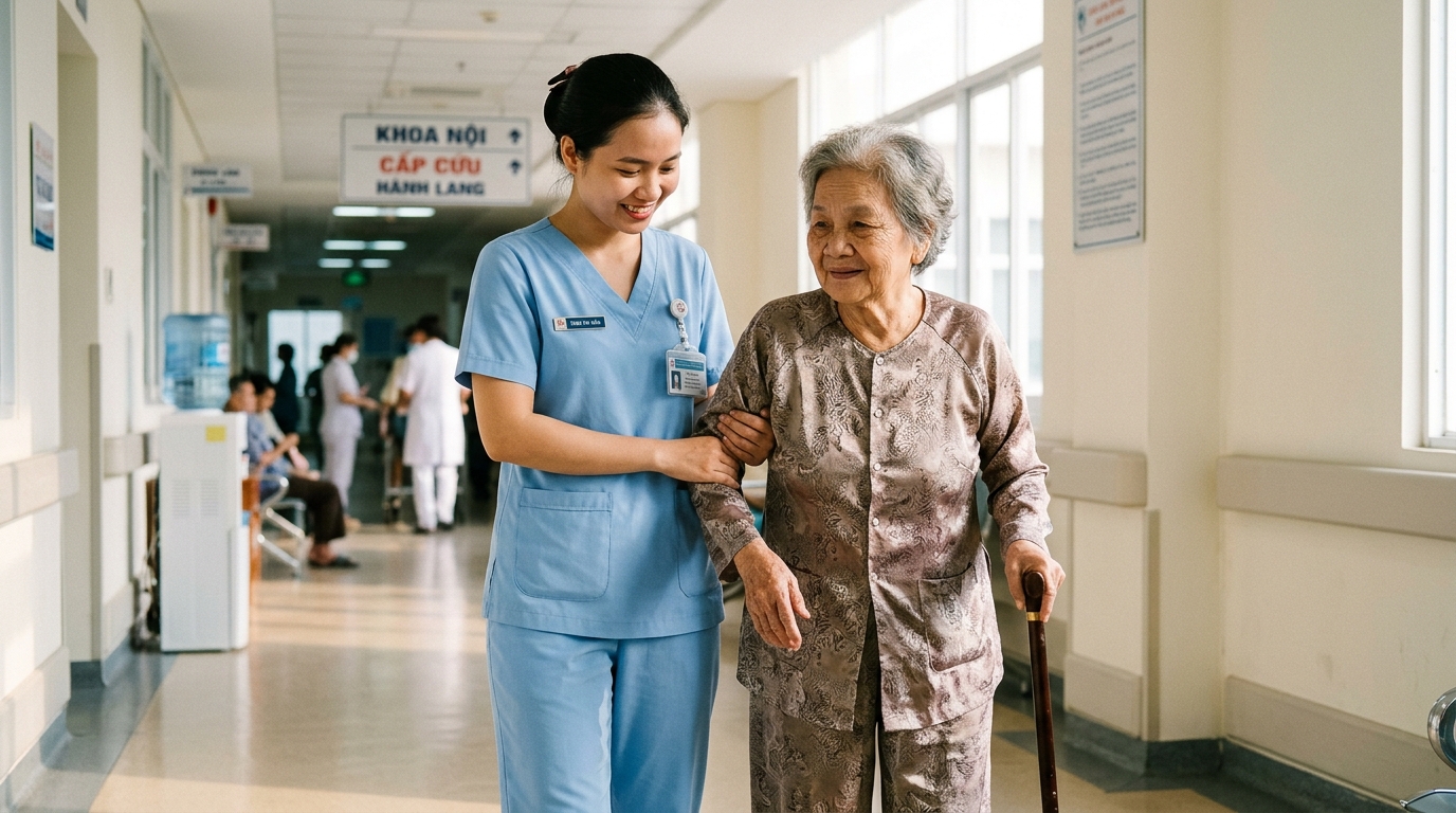 Trợ lý đưa đón và dìu đỡ người cao tuổi Việt Nam tại bệnh viện